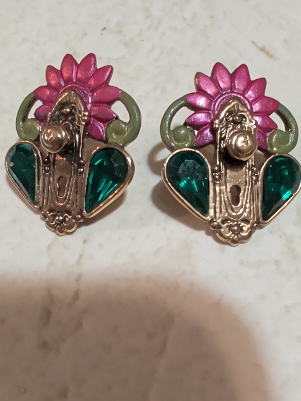 Hand-Painted Floral Earrings in Pink, Green and Gold